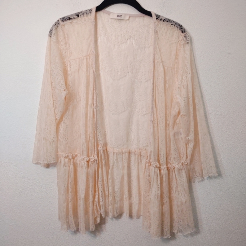 ISSI Cream Colored Lace Peplum Cardigan L